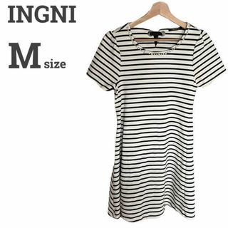 イング(INGNI)のイング レディース【M】ボーダーワンピース♡ビジュー 半袖♡リボン 春夏♡白黒(ひざ丈ワンピース)