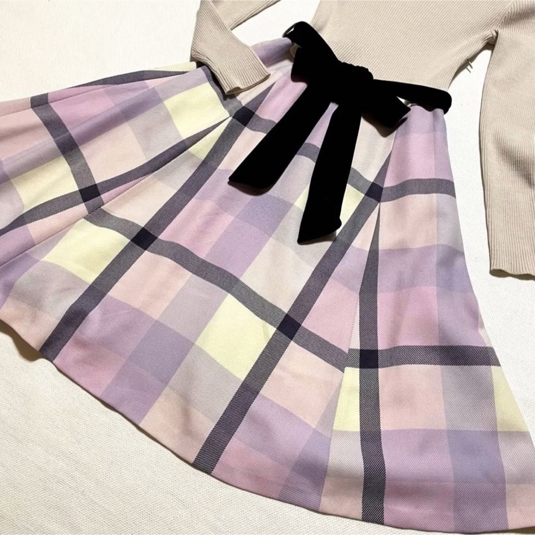 美品 ブルーレーベルクレストブリッジ チェック フレア ドッキング ワンピース