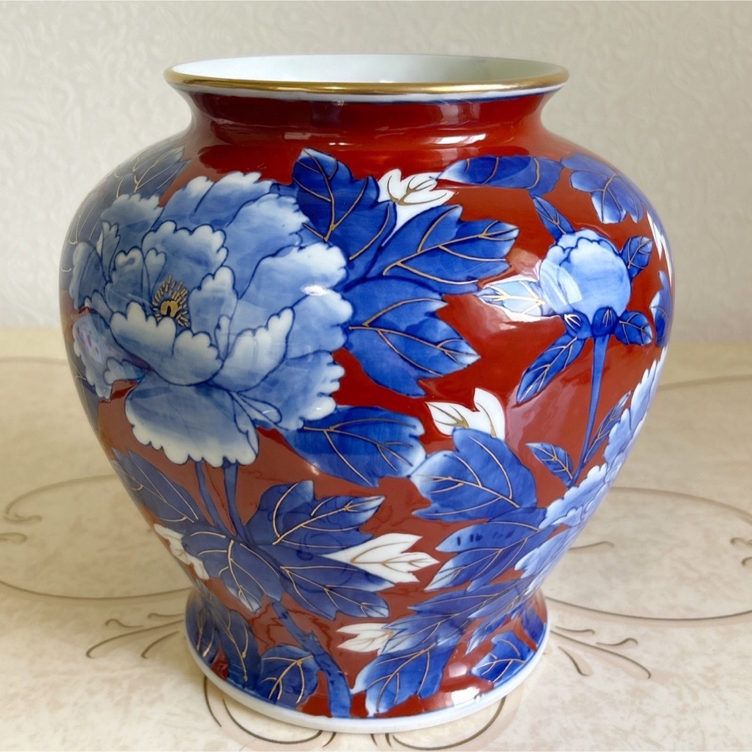 古伊万里焼 大型花瓶 色絵『梅菖蒲鳥文』花入 飾壺 箱付