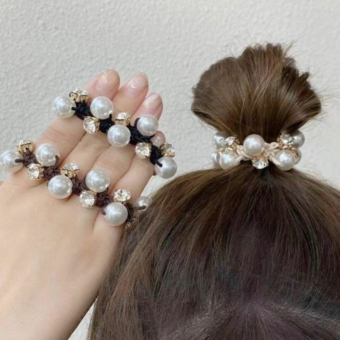 ヘアゴム　パール　ヘアアレンジ　韓国　シュシュ　ジルコニア　キラキラ　華やか レディースのヘアアクセサリー(ヘアゴム/シュシュ)の商品写真