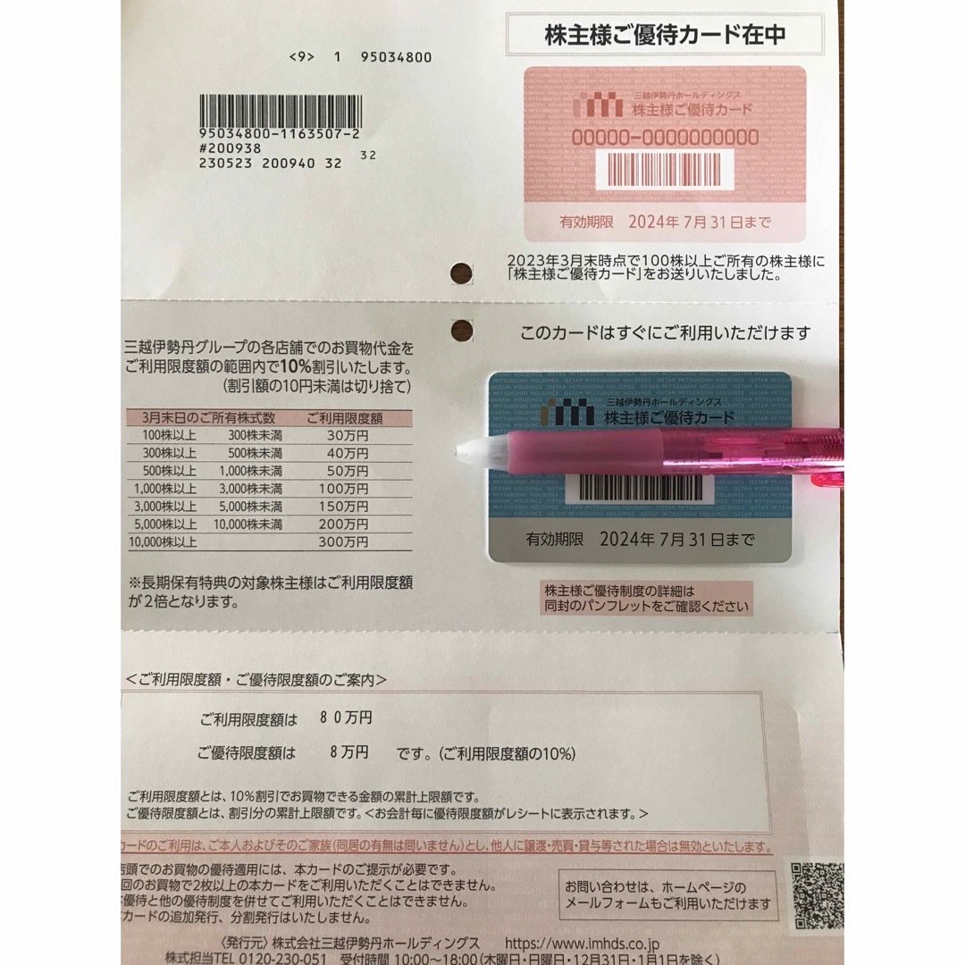 優待券/割引券(限度額100万円) 三越伊勢丹 株主優待カード 女性名義 ～2022.7