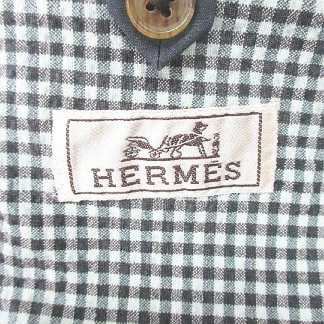 HERMES テーラードジャケット 48 黒系 ブラック チェック柄