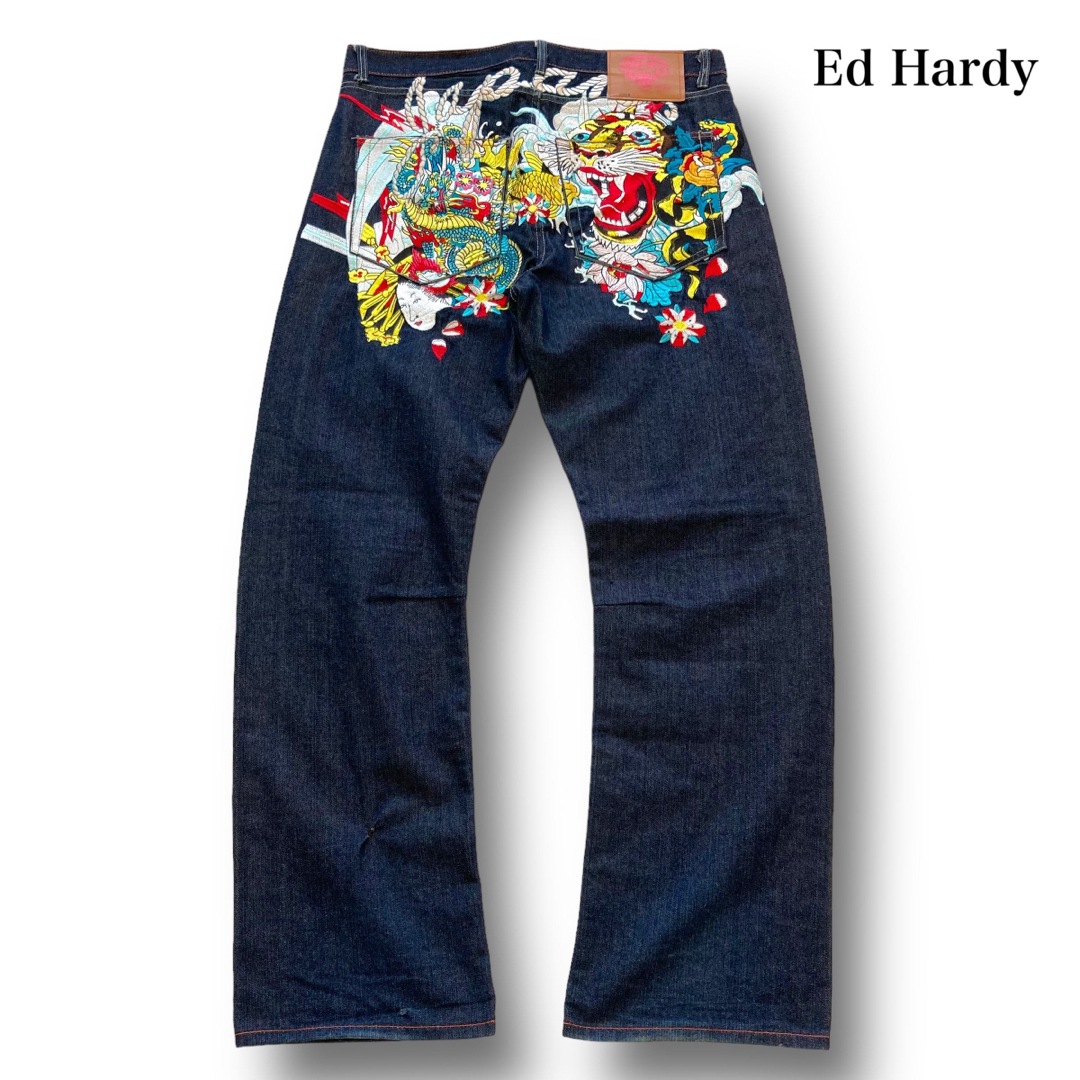 【Ed Hardy】エドハーディー 日本和柄 刺繍デニムパンツ タイガードラゴン