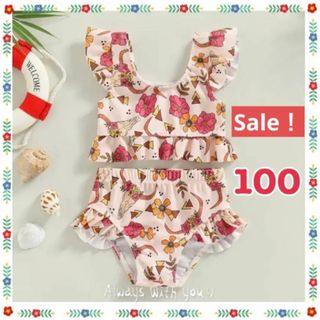 【新品】 女の子　レトロ可愛い♡赤系花柄ビキニ　サイズ100 (水着)