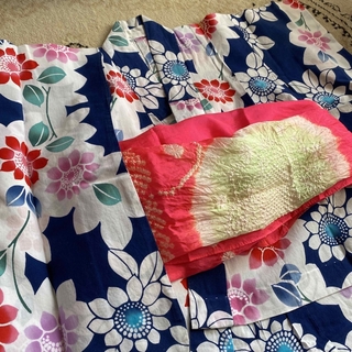子ども浴衣セット　浴衣、へこ帯　ひまわり柄　花柄　ネイビー　ピンク(甚平/浴衣)
