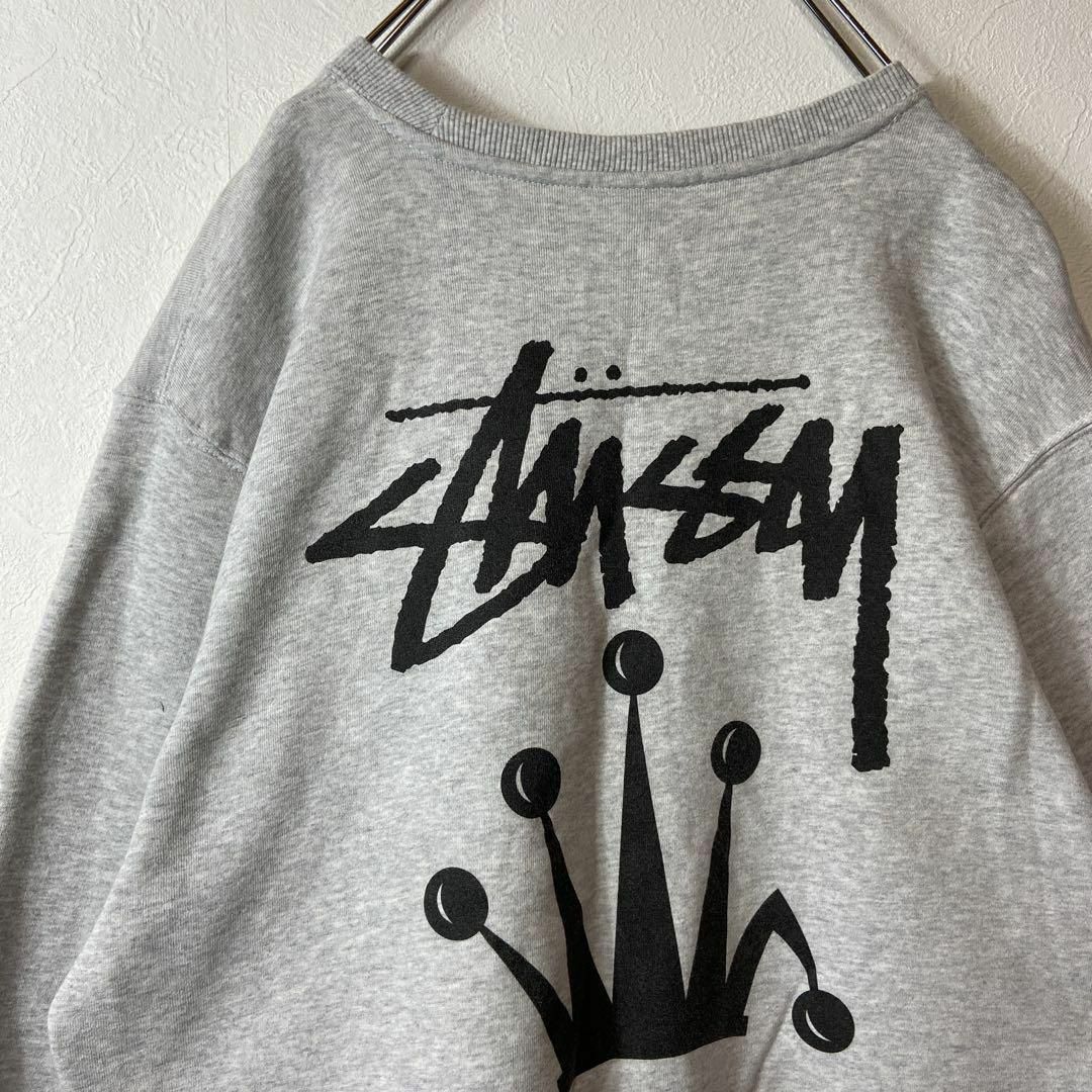 人気クラウンロゴ】stussyバックプリントスウェット古着グレーMストリート-