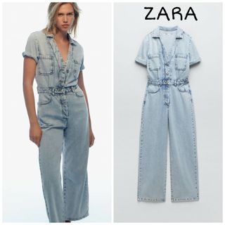 ザラ(ZARA)のZARA　Z1975 ショートスリーブ デニム ジャンプスーツ　XSサイズ(オールインワン)