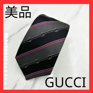 グッチ(Gucci)の【美品】GUCCI(グッチ) ネクタイ ブラック ストライプ インターロッキング(ネクタイ)