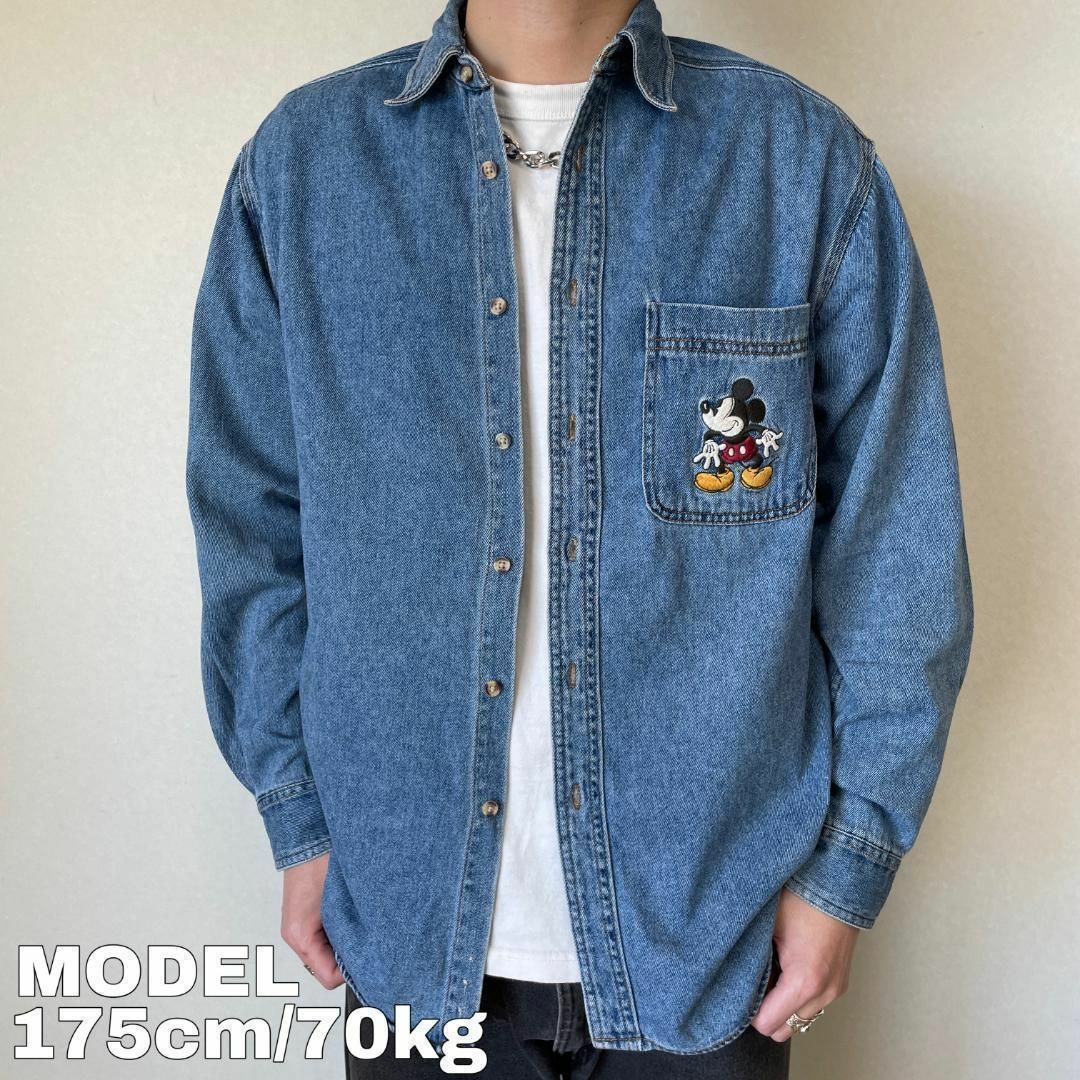 DISNEY ディズニー ミッキーポケット刺繍デニムシャツ ブルー 水色 青 | フリマアプリ ラクマ