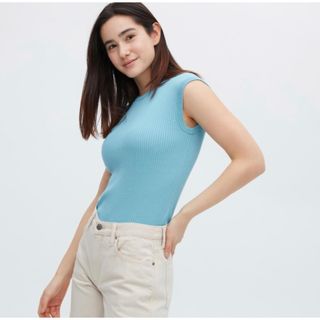 ユニクロ(UNIQLO)のUNIQLO UVカットフレンチスリーブセーター BLUE S(ニット/セーター)