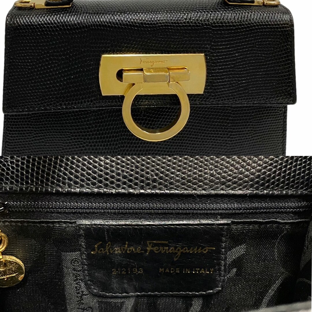 極 美品 希少品 Salvatore Ferragamo フェラガモ ガンチーニ 金具 レザー 本革 ハンドバッグ ミニ トートバッグ ブラック 25580