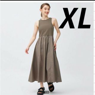 ジーユー(GU)のXL ブラウン　布帛コンビネーションワンピース　ユニクロ　ZARA H&M(ロングワンピース/マキシワンピース)