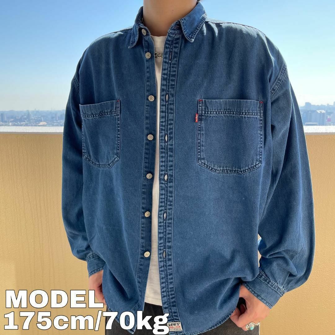 Levi's(リーバイス)の90s リーバイス デニムシャツ 青ブルー L 胸ポケット オーバーサイズ メンズのトップス(Tシャツ/カットソー(半袖/袖なし))の商品写真