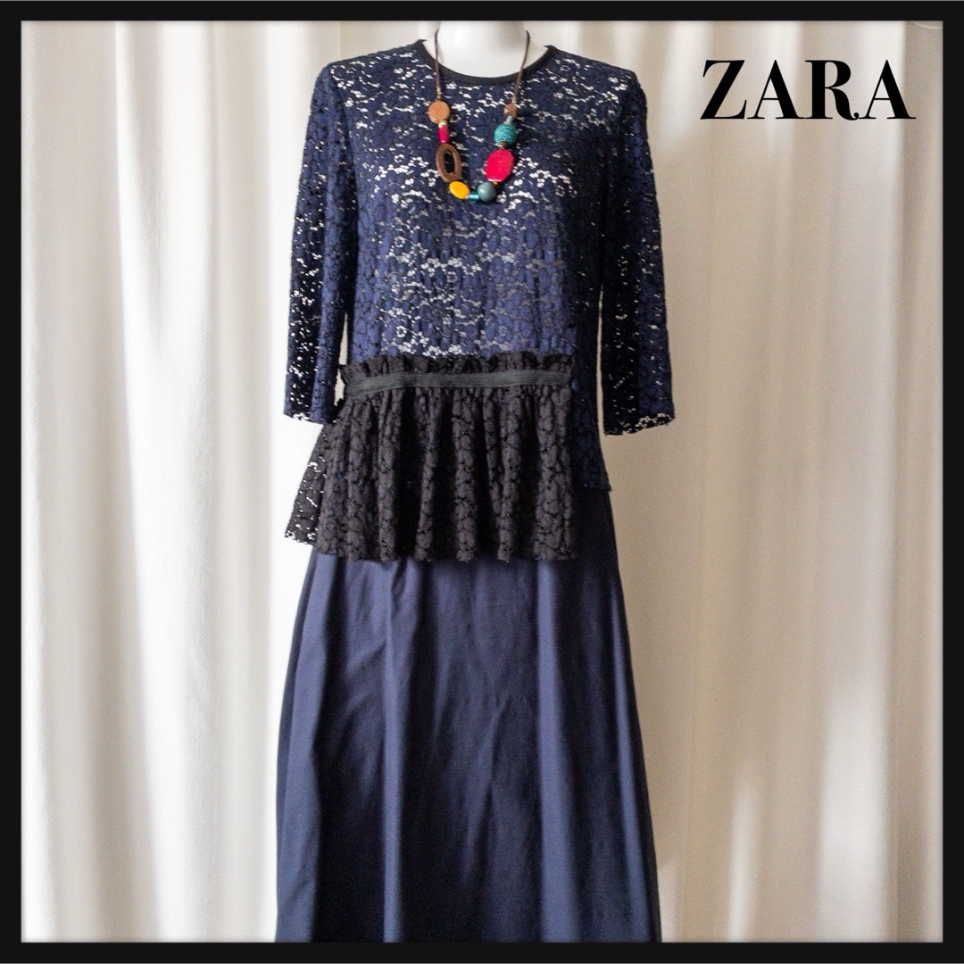 ZARA(ザラ)のZARAWOMAN　ザラウーマン　総レースプルオーバー　アシンメトリー　ネイビー レディースのトップス(カットソー(長袖/七分))の商品写真