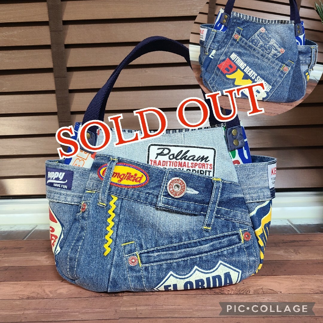 【SOLD OUT】      デニムリメイクトートバッグ　プリントDenim