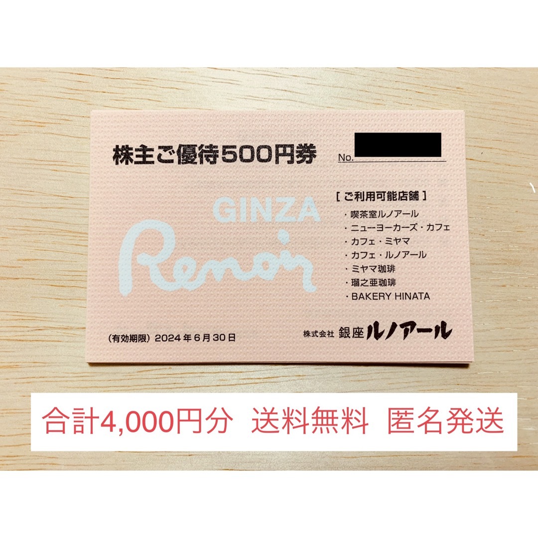 銀座ルノアール　優待券1000円分　有効期限　2024年6月30日まで