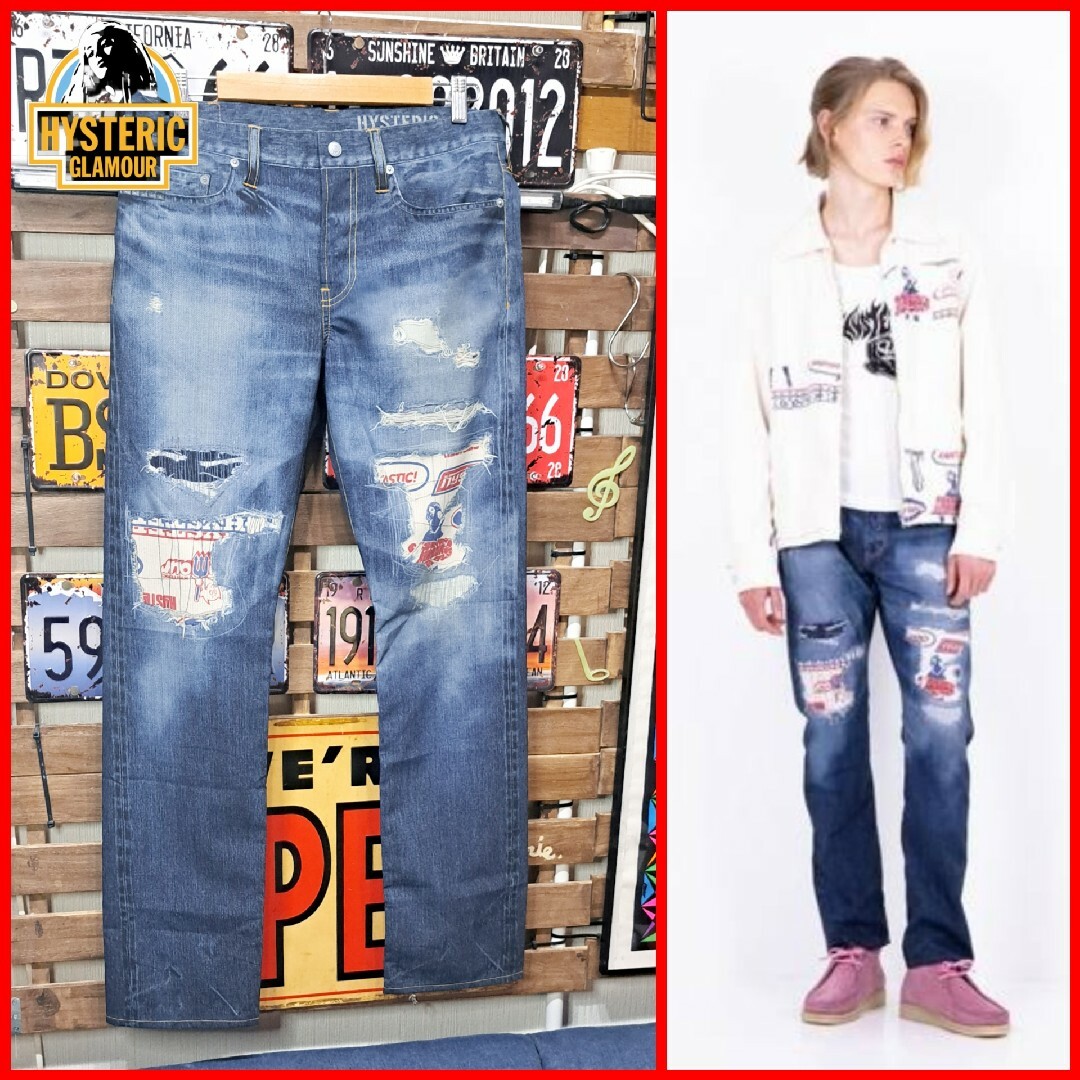 HYSTERIC GLAMOUR ヒステリックグラマー パンツ サイズ:L 22SS 転写 プリント アート リメイク スリム ストレート パンツ 02222AP02 ART REMAKE ブルー 日本製 ボトムス ズボン 【メンズ】【美品】