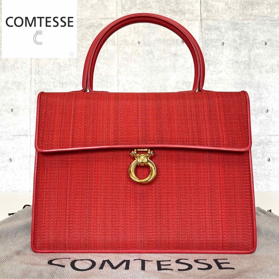 美品】COMTESSE ホースヘア×レザー レッド系 ゴールド金具ハンドバッグ