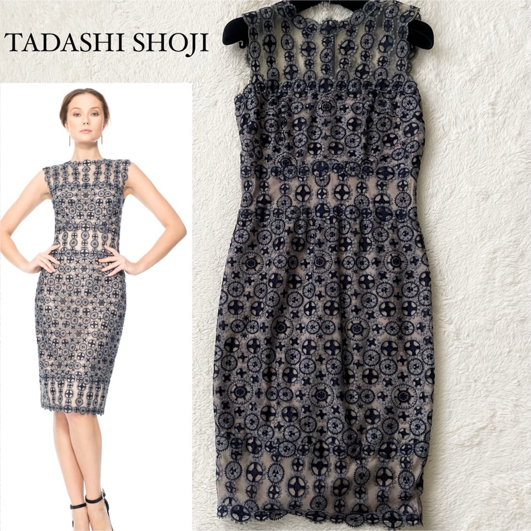 TADASHI SHOJI(タダシショウジ)の美品　タダシショージ　レースワンピース　サークル刺繍　ノースリーブドレス レディースのワンピース(ひざ丈ワンピース)の商品写真