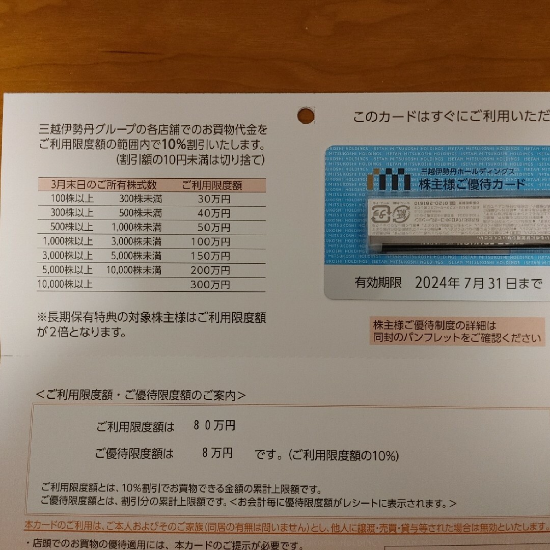 伊勢丹(イセタン)の三越伊勢丹 限度額80万円 男性名義 株主優待カード 株主優待券 チケットの優待券/割引券(ショッピング)の商品写真