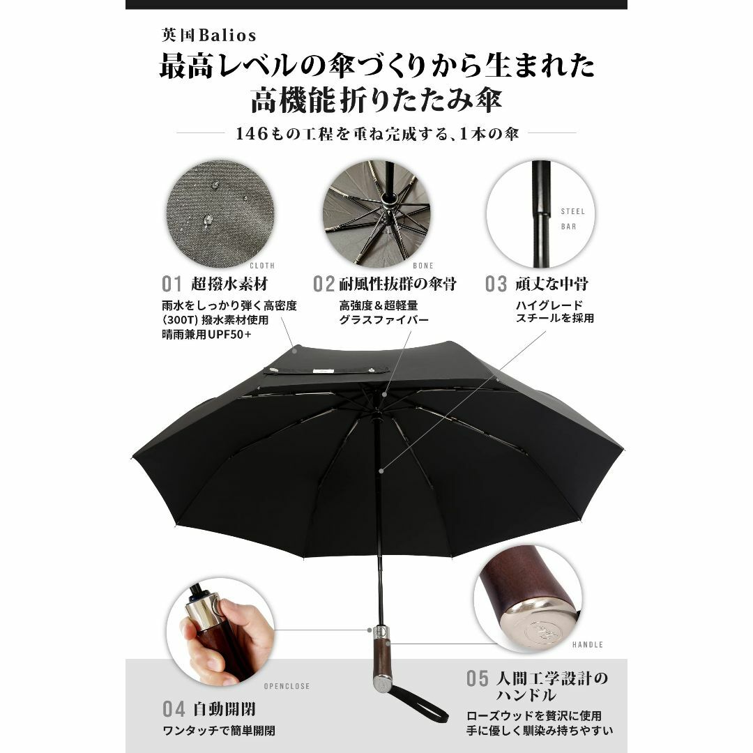【色: ジェットブラック】英国紳士の傘 手に馴染む上質なゴールデンローズウッドハ