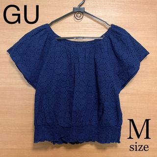 ジーユー(GU)のGU レディース　トップス  オフショル  Ｍ　ネイビー　シースルー　レース(カットソー(半袖/袖なし))