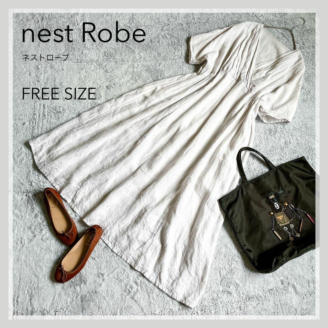 ひざ丈ワンピースnest Robe ネストローブ リネンガーゼカシュクールワンピース