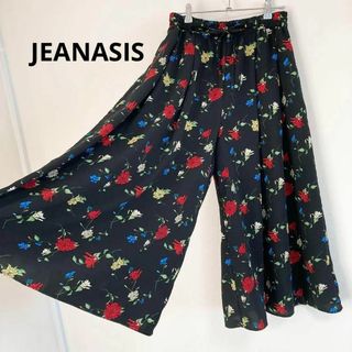 JEANASIS - ジーナシス 花柄 フレア ワイドパンツ ロング 黒 総柄 F ウエストゴム