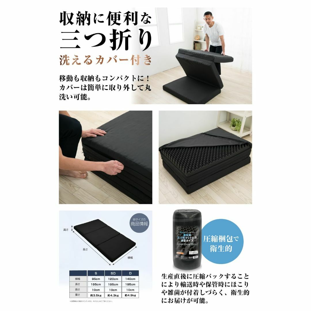 【色: 1.ブラック】高反発マットレス 三つ折 敷布団 ベッドマット 凹凸加工
