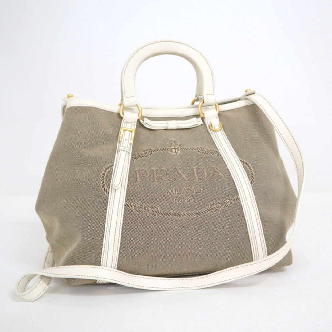 川西店０７２－７９１－５００６【PRADA】プラダ ジャガード 2WAYバッグ キャンバス レザー ホワイト ベージュ BN1671/tm05099kw