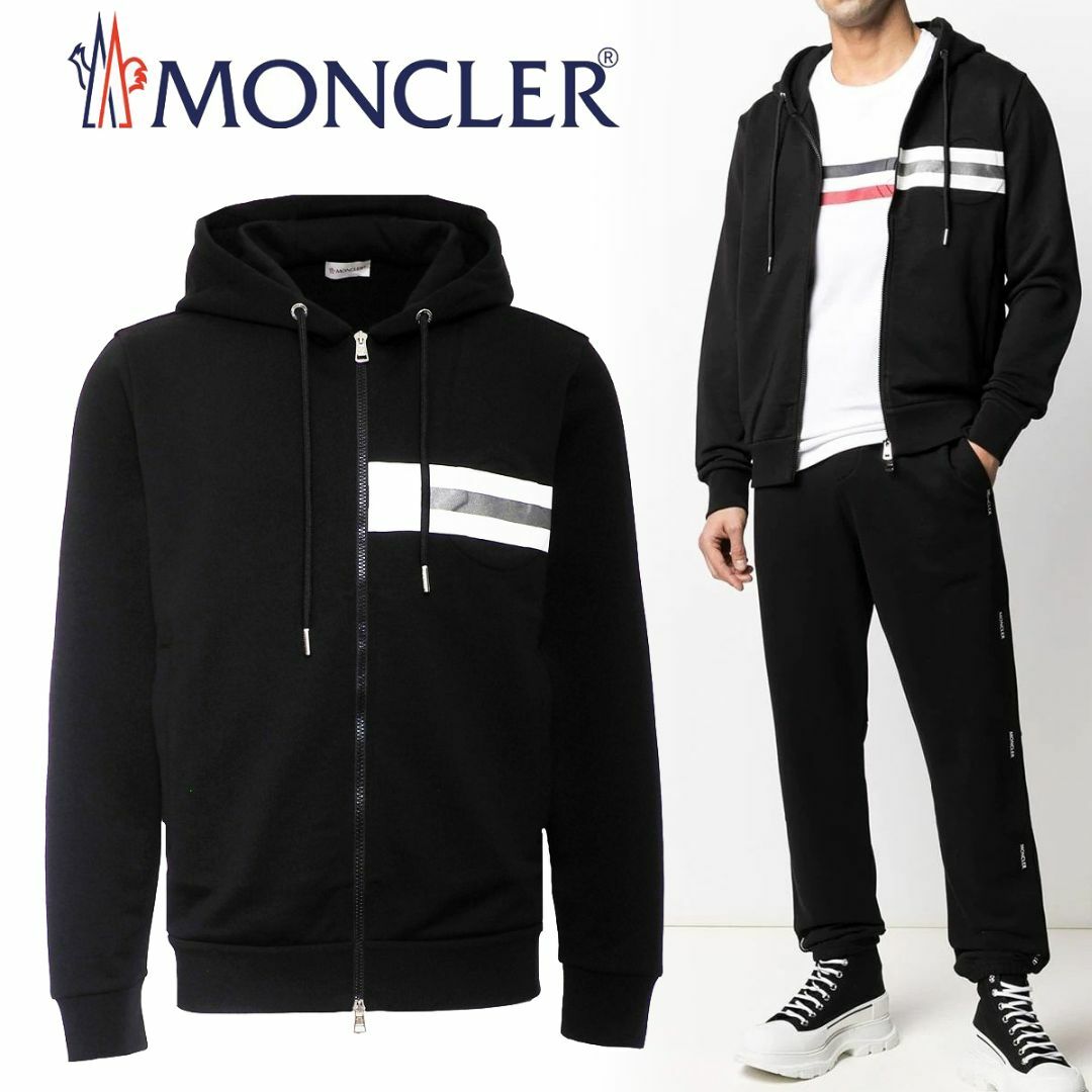 37 MONCLER ブラック ビックロゴ フルジップ パーカー size L - パーカー