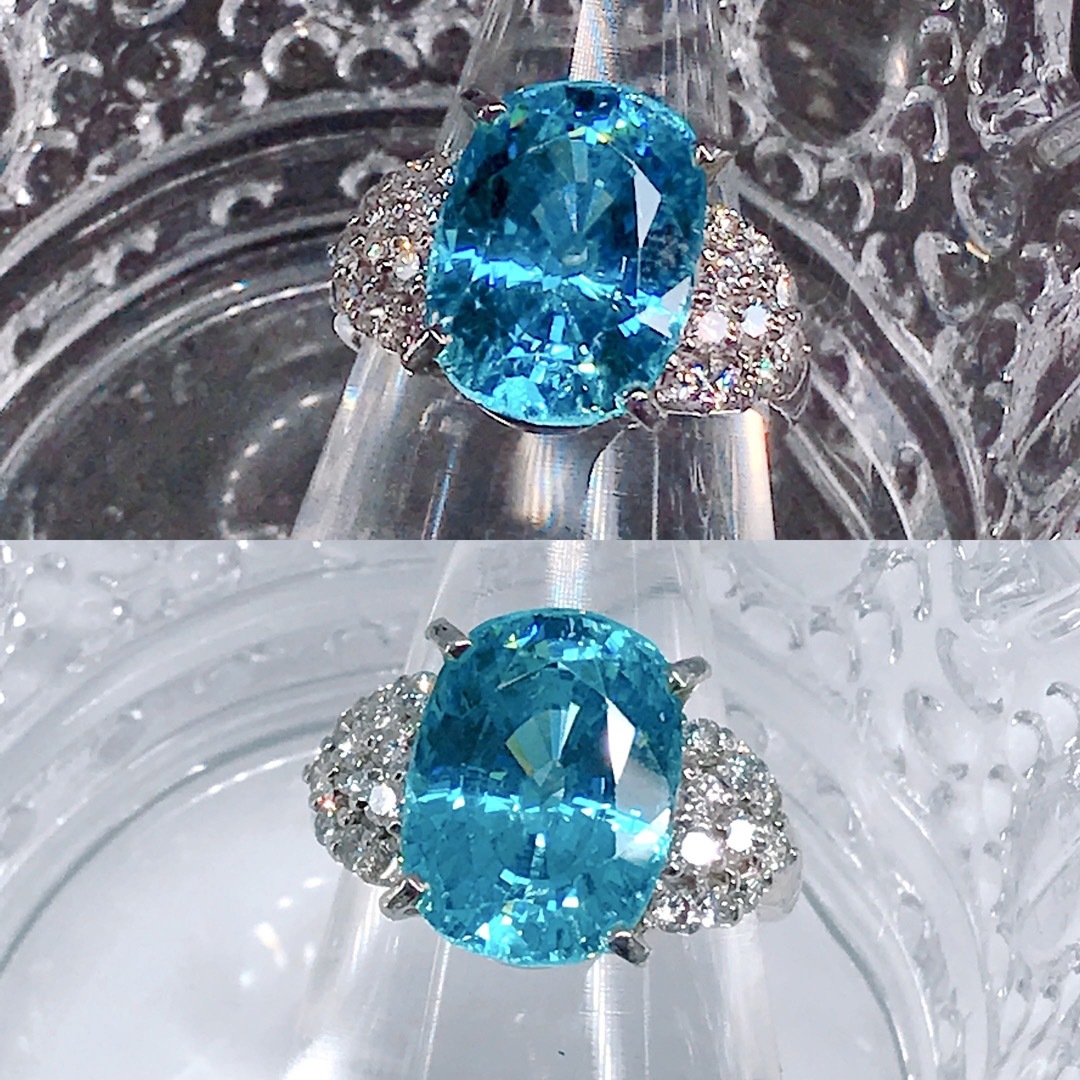 ブルージルコン 13.15ct ダイヤモンド 0.60ct リング PT900の ブルージルコン 13.15ct ダイヤモンド 0.60ct リング PT900の