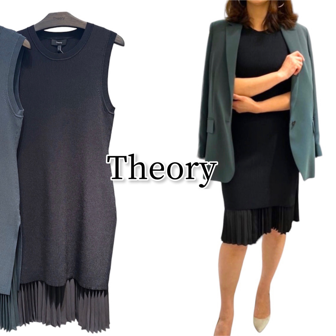 Theory リブニット シフォンノースリーブワンピース プリーツ 大人綺麗めレディース