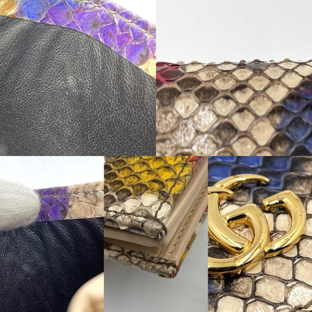 【値下げしました!】GUCCI グッチ 二つ折り財布 GG マーモント カードケースウォレット ミニ財布 コンパクト パイソン 蛇革 456126 レザー マルチカラー ベージュ ゴールド金具 レディース 定番 美品【中古品】