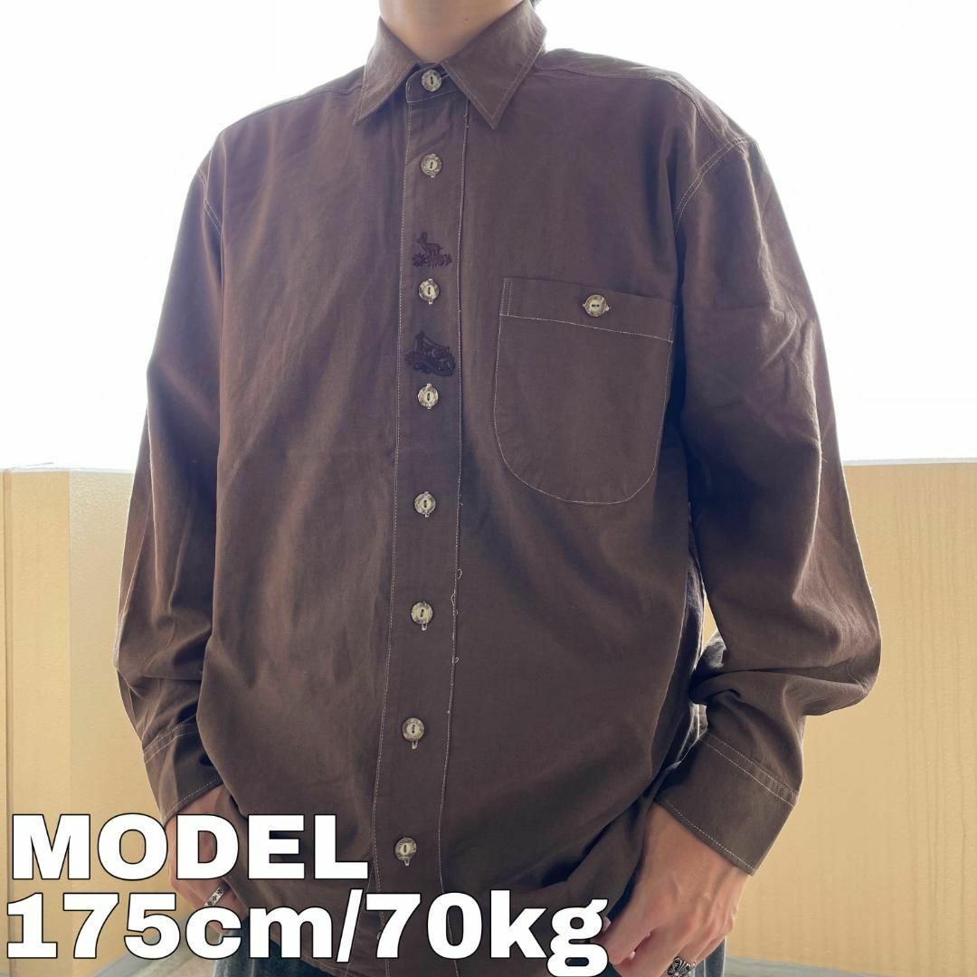 チロリアンシャツ 刺繍 ポケット 長袖 動物 アニマル XL ブラウン 茶色