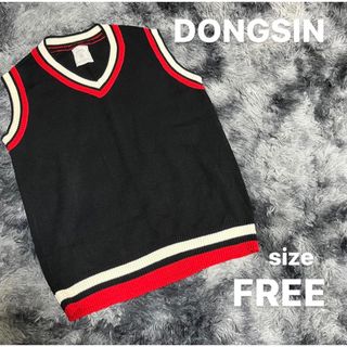 Dongsin (FREE) トップス ニットベスト 黒 ライン アクリル(ニット/セーター)