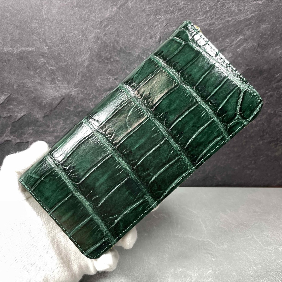 クロコダイル本革 長財布 ボトルグリーン ワニ革財布 メンズ 一枚革の