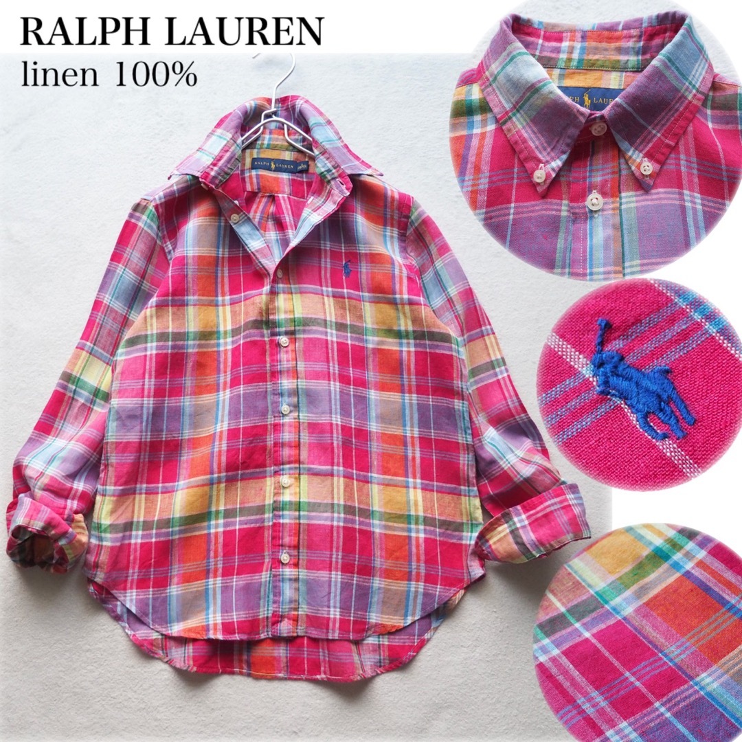 Ralph Lauren(ラルフローレン)のRALPH LAUREN マドラスチェック リネンシャツ ボタンダウン 170 レディースのトップス(シャツ/ブラウス(長袖/七分))の商品写真