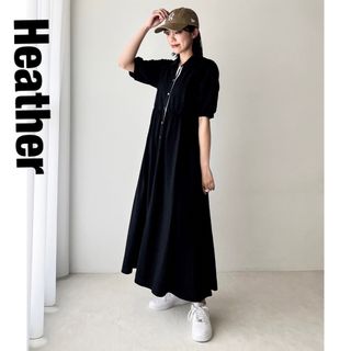 ヘザー(heather)の【オンライン完売】Heatherヘザー　ボリュームフレアポロワンピース　ブラック(ロングワンピース/マキシワンピース)