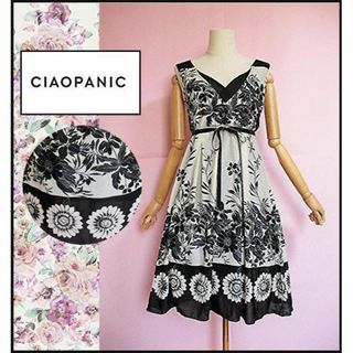 チャオパニック(Ciaopanic)の【チャオパニック】ボタニカル柄ワンピース　バイカラー　ノースリーブ 手洗い(ひざ丈ワンピース)