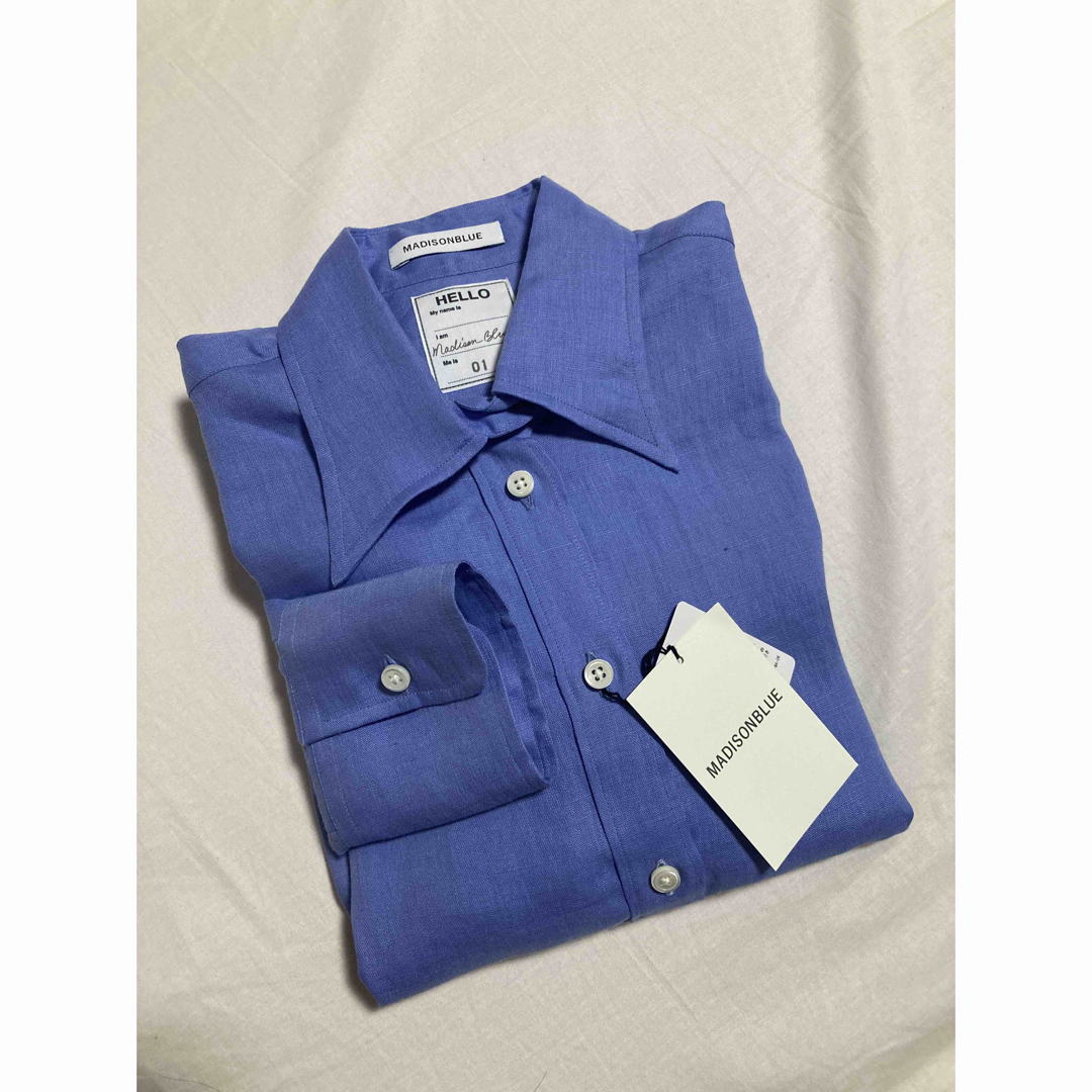 新品 MADISONBLUE ハイカラー リネン マダムシャツ サックス