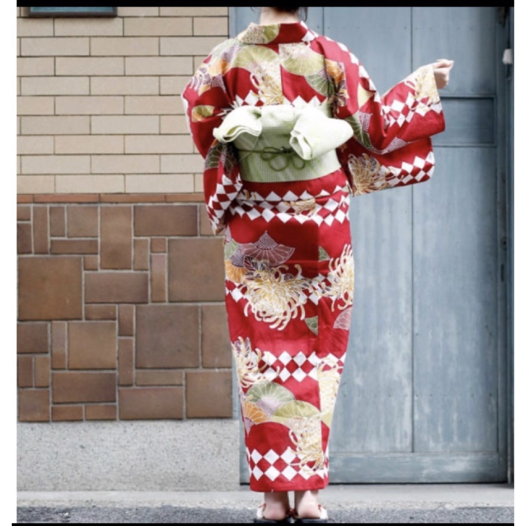未使用 レディース 浴衣 単品 菊 花柄 赤 レッド レトロ