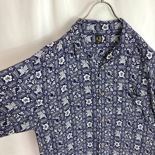 レトロ アロハシャツレーヨン 花柄 ボタニカル柄 総柄 半袖ブルー青色2XL