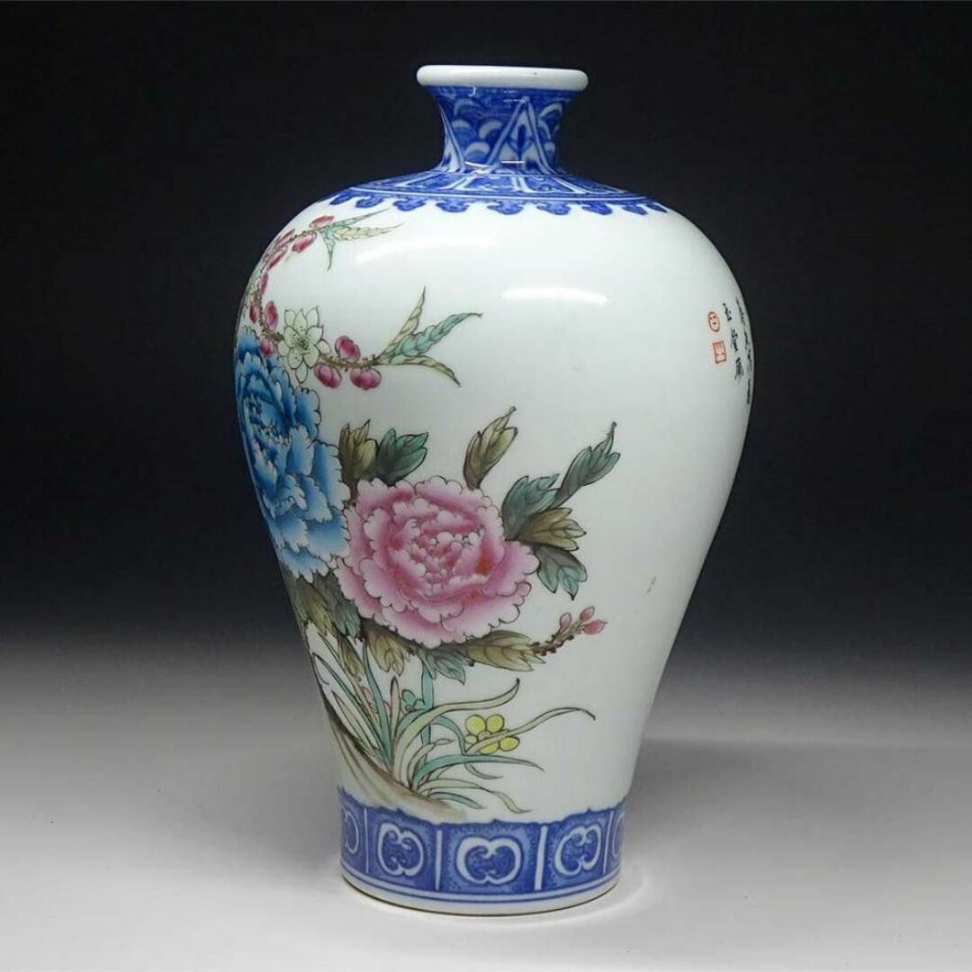 中国古玩 大清乾隆年製 粉彩 花瓶 花鳥漢詩紋 高約20.5cm 唐物 時代物-