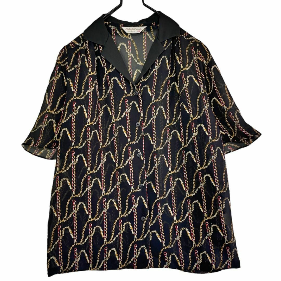 日本製 古着 チェーン柄 総柄 フレア袖 シアー オープンカラーシャツ ブラウス レディースのトップス(シャツ/ブラウス(半袖/袖なし))の商品写真