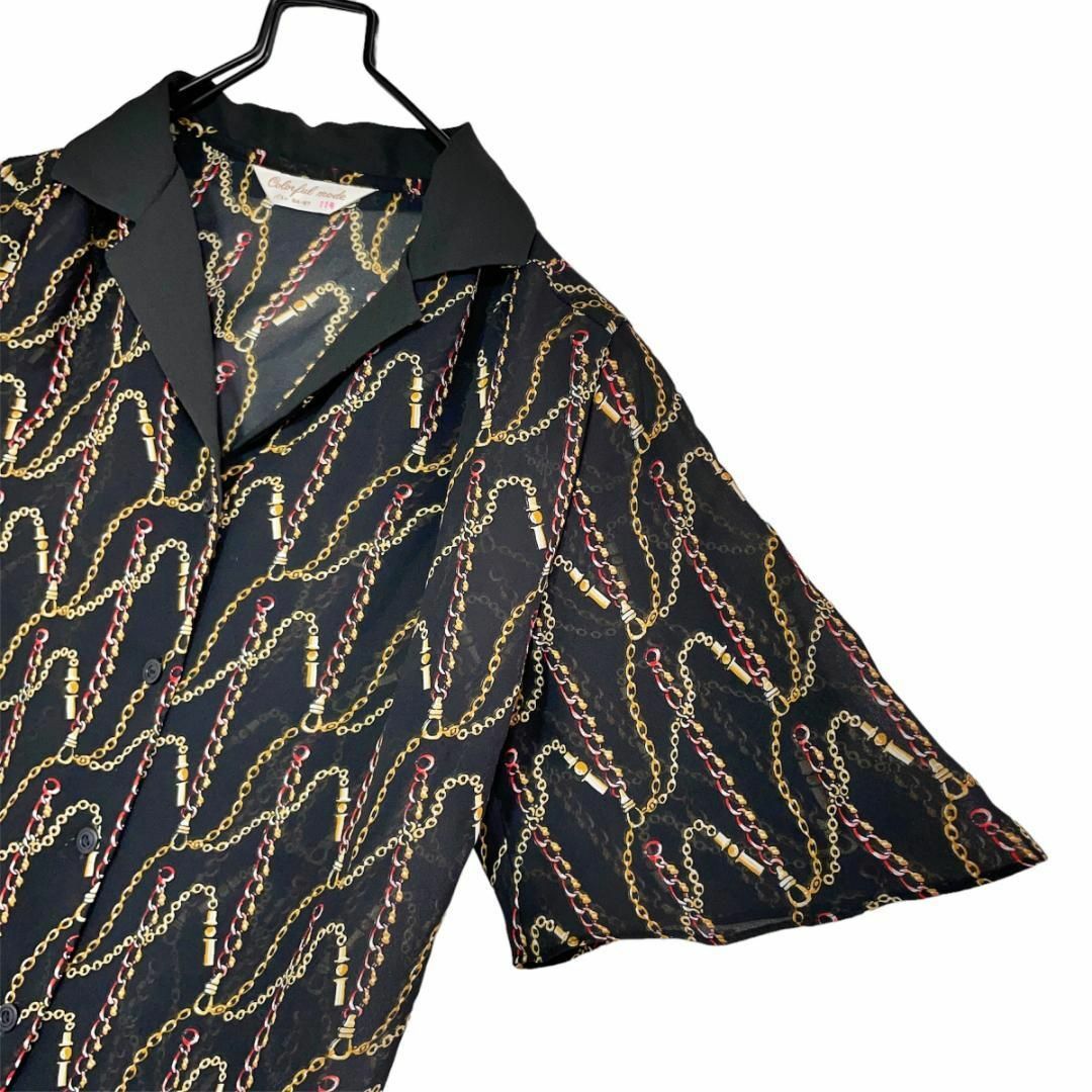 日本製 古着 チェーン柄 総柄 フレア袖 シアー オープンカラーシャツ ブラウス レディースのトップス(シャツ/ブラウス(半袖/袖なし))の商品写真