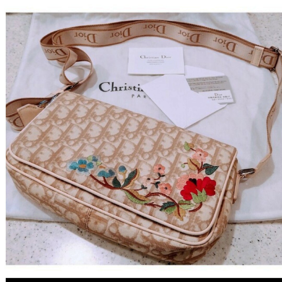 希少】Christian Dior トロッター柄 花柄刺繍 ショルダーバッグ-