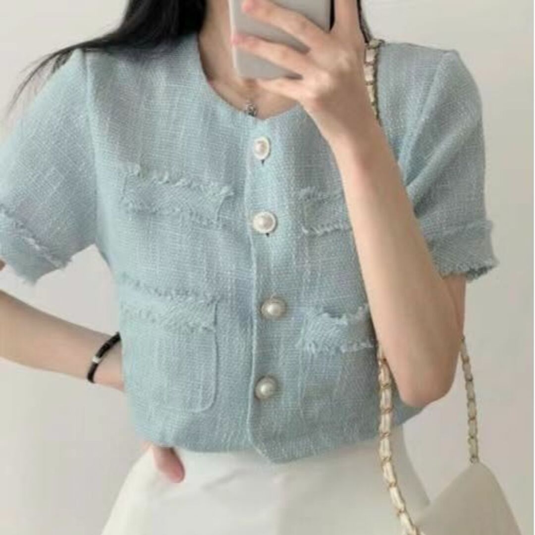 【色: 水色】[KOREARU] 韓国ファッション半袖ツイードジャケット レディ
