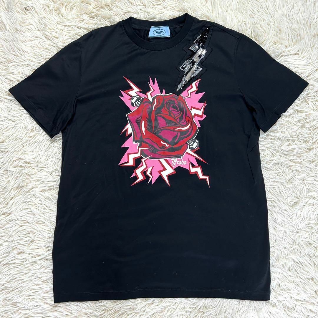 PRADA プラダ ■半袖Tシャツ ローズ プリント ビーズ ラインストーン M