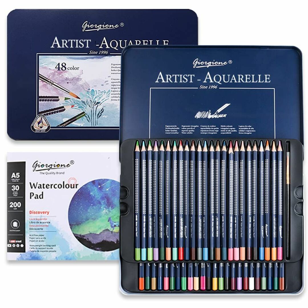 【色:48色セット】水彩色鉛筆 水彩筆＆水彩専用紙セット 色鉛筆 水彩 両方楽し